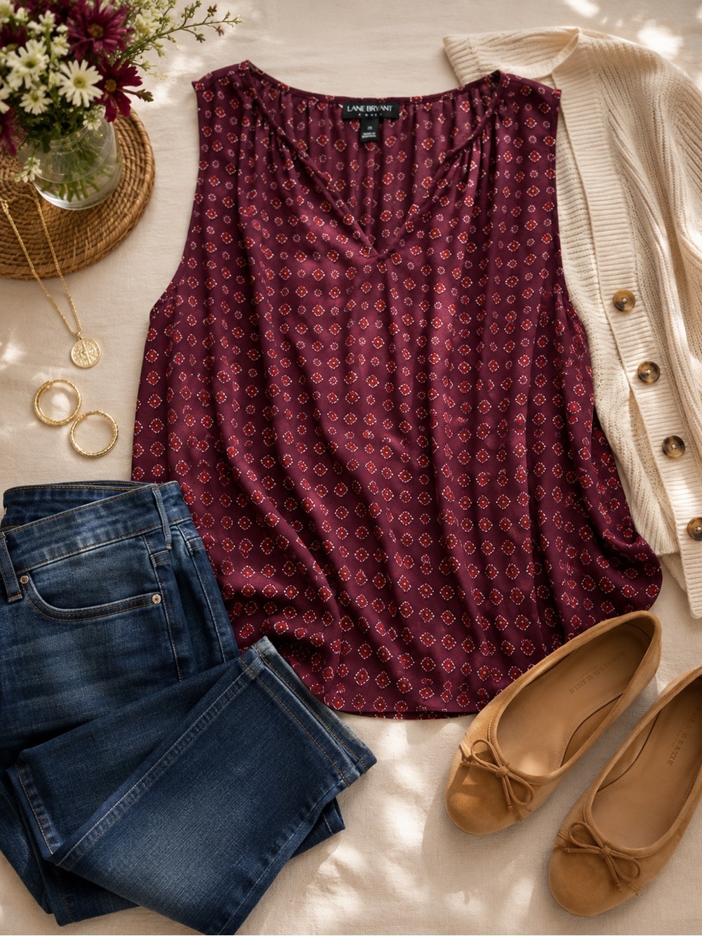 Lane Bryant Maroon Geometric V-Neck Sleeveless Camisole